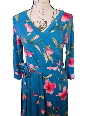 Teal Floral Wrap Dress with Pink Blossoms